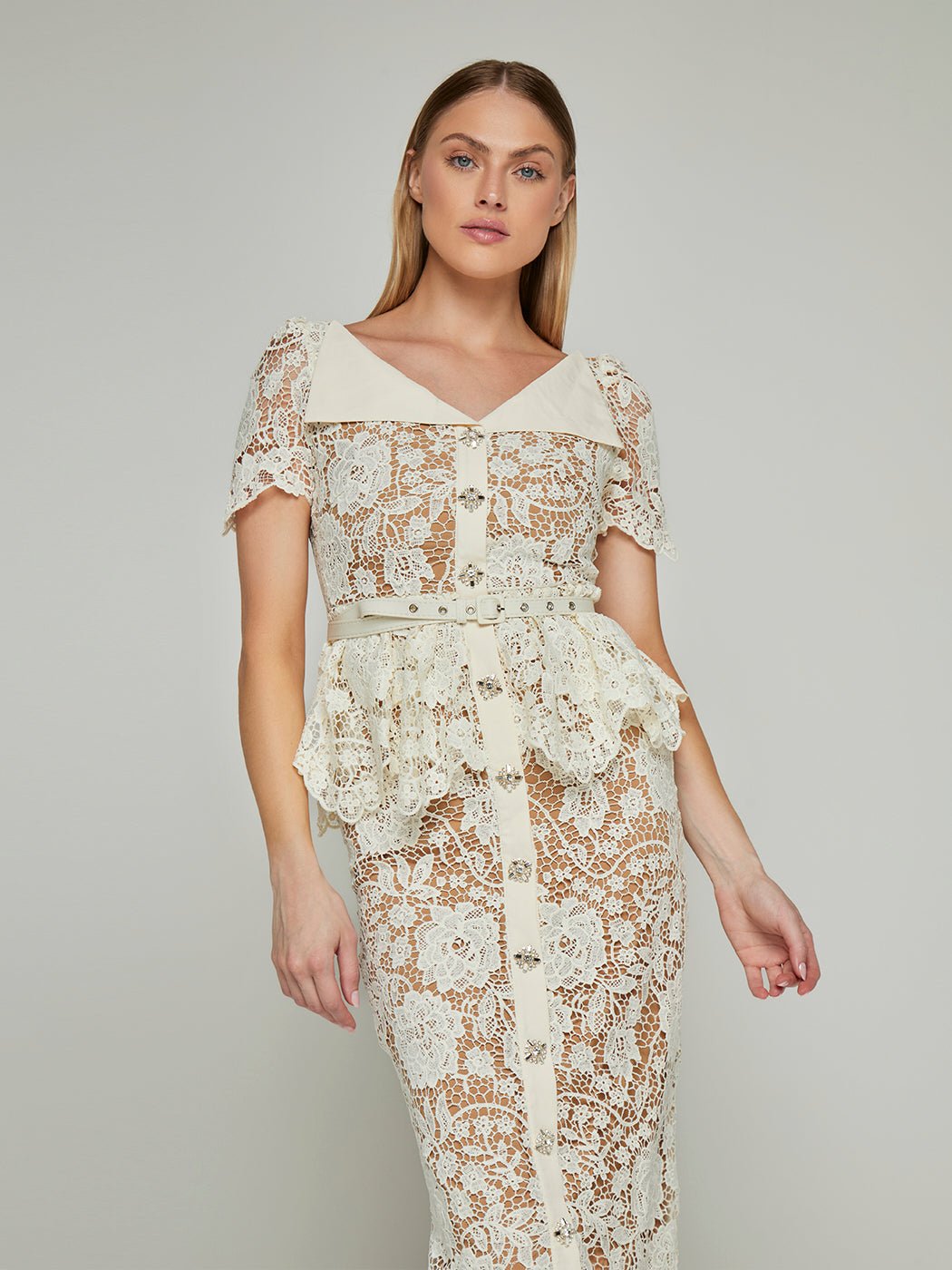 Ophelia Peplum Lace Midi Dress - Glory Connection