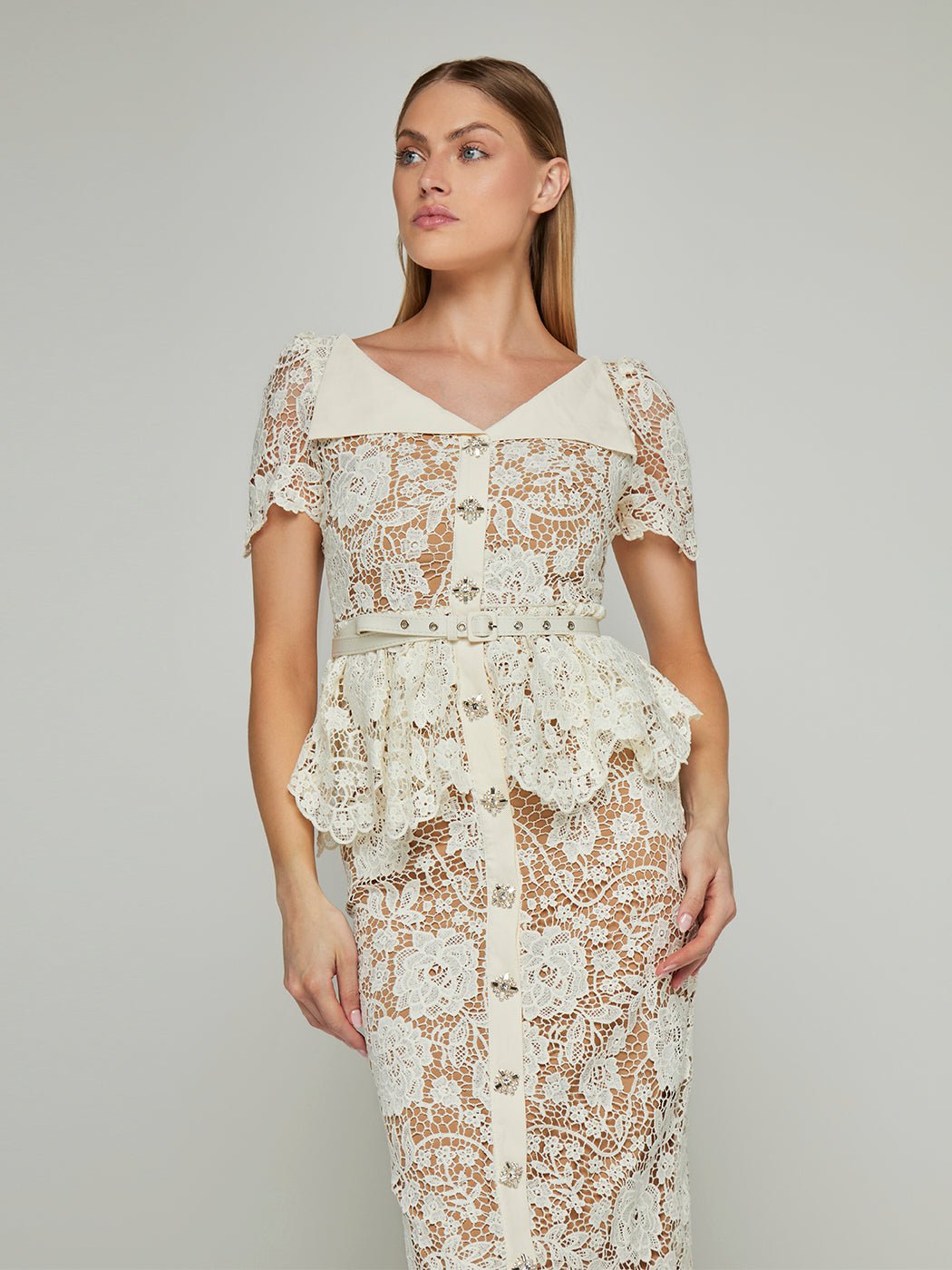 Ophelia Peplum Lace Midi Dress - Glory Connection