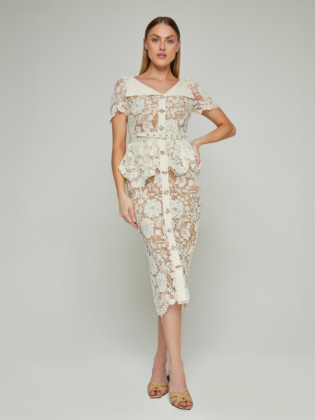 Ophelia Peplum Lace Midi Dress - Glory Connection