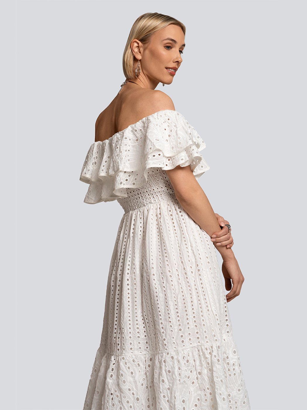 Paige Eyelet Tiered Off Shoulder Maxi Dress - Glory Connection