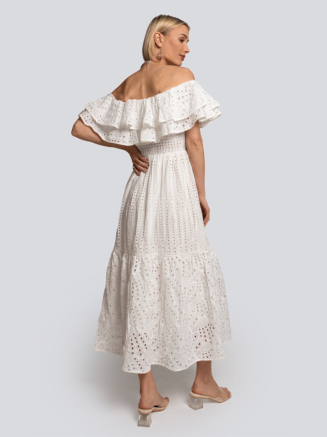 Paige Eyelet Tiered Off Shoulder Maxi Dress - Glory Connection