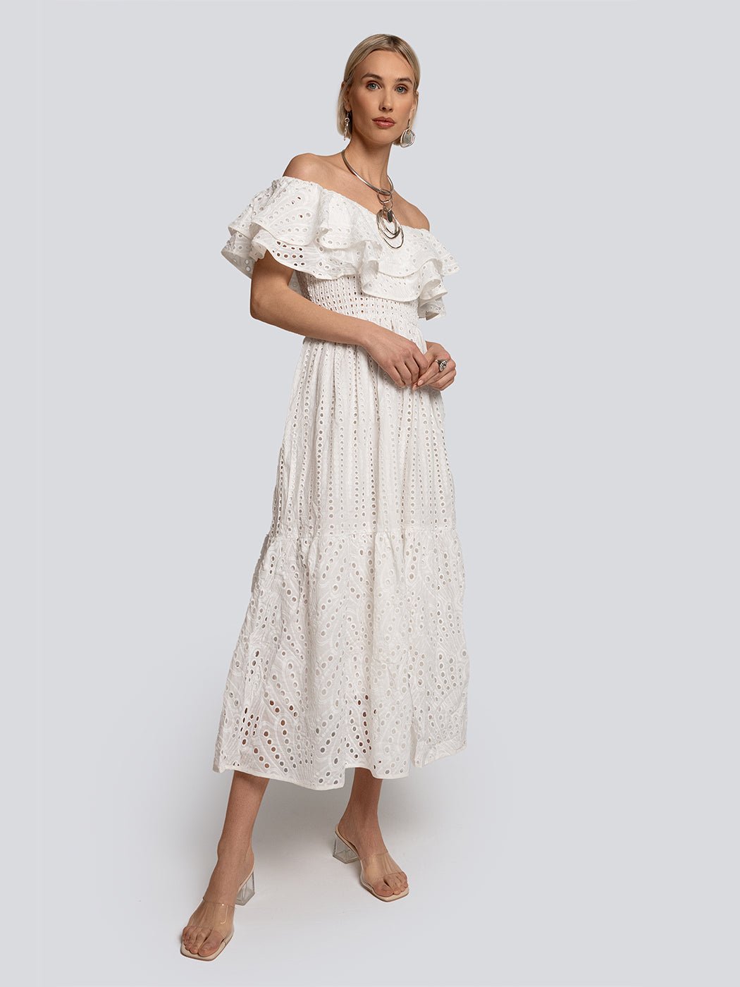 Paige Eyelet Tiered Off Shoulder Maxi Dress - Glory Connection