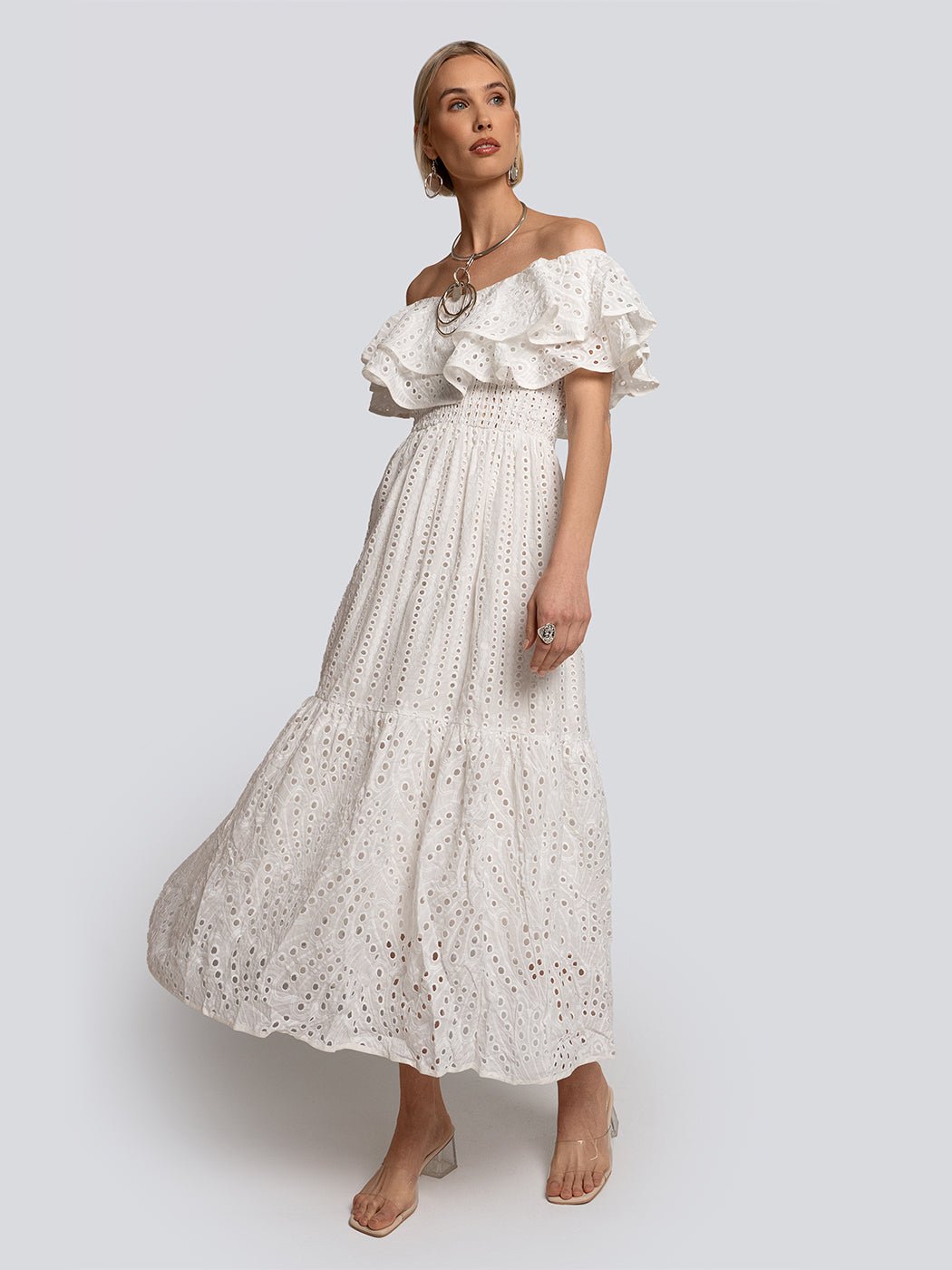 Paige Eyelet Tiered Off Shoulder Maxi Dress - Glory Connection