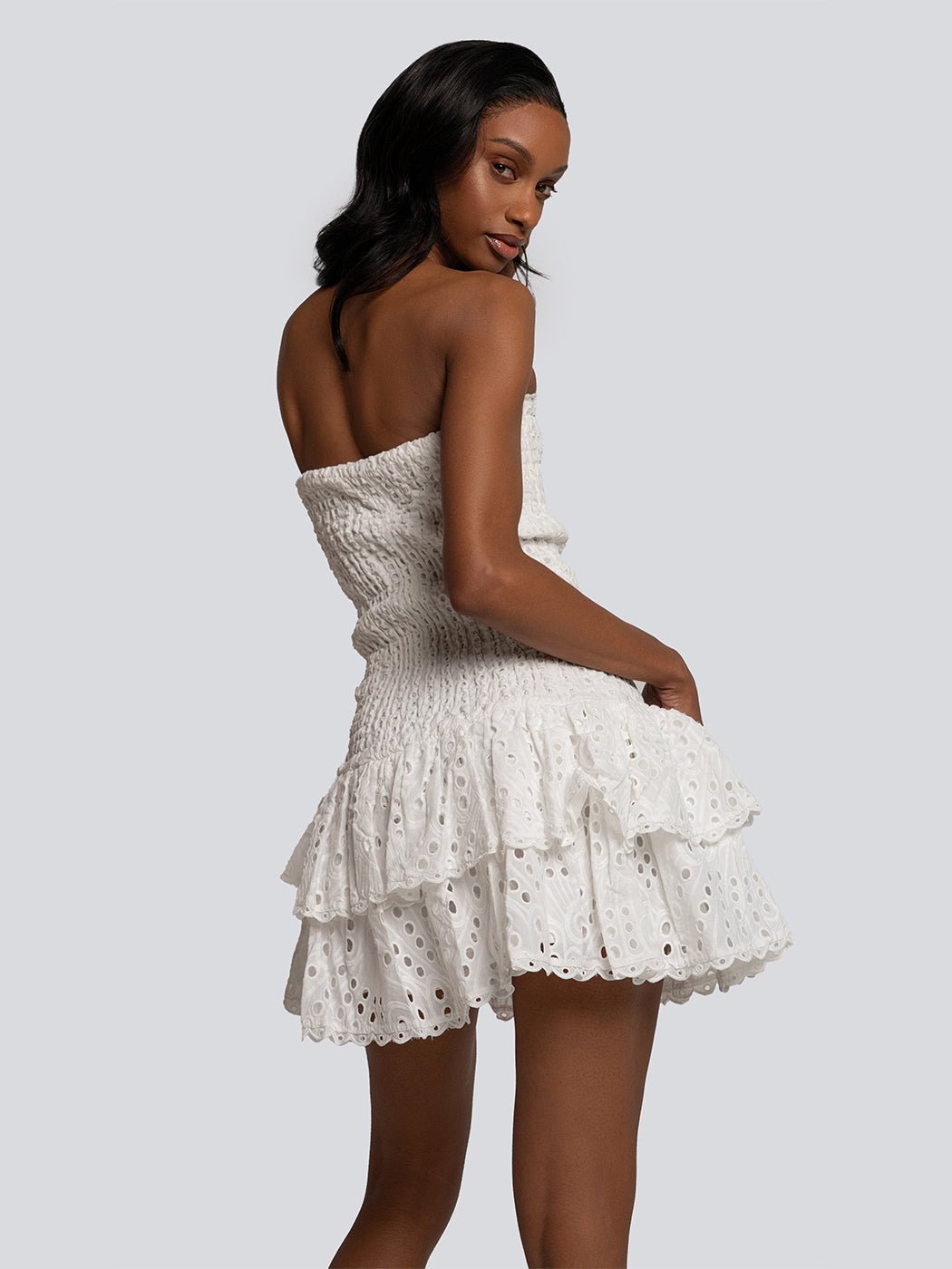 Rhiannon Eyelet Lace Ruffle Strapless Mini Dress - Glory Connection