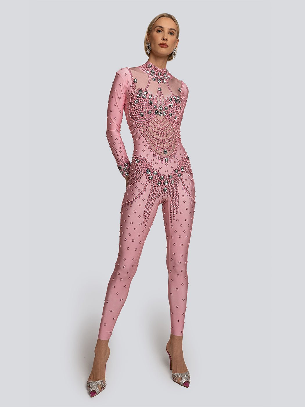 Riley Gemstone Embellished Long Sleeve Beaded Jumpsuit - Glory Connection