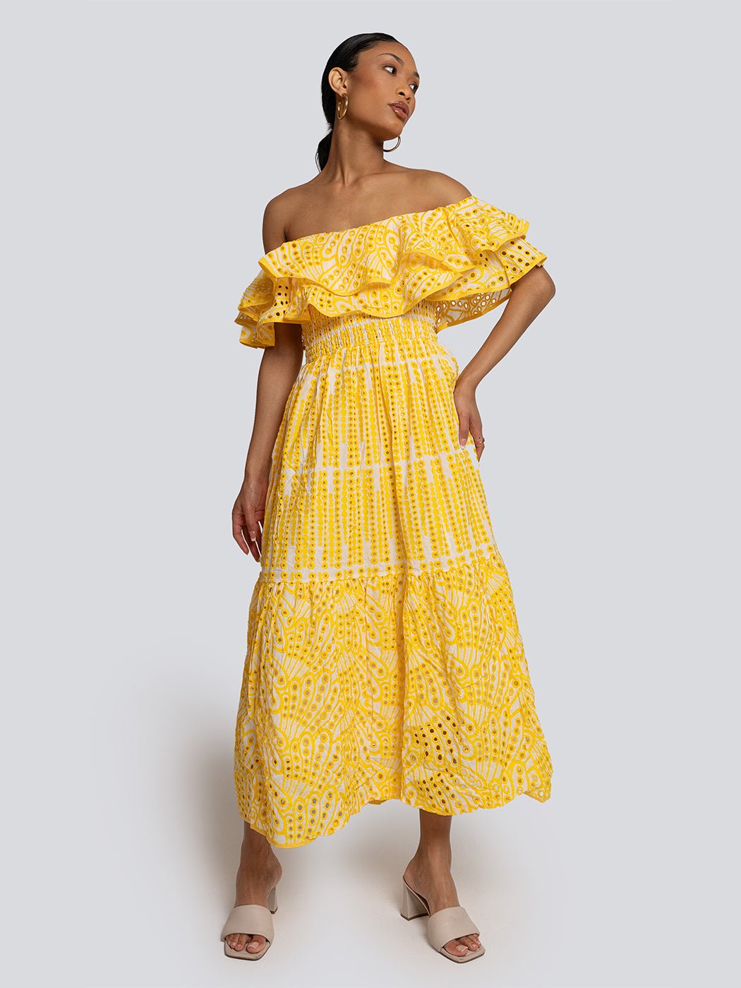 Sally Eyelet Off Shoulder Tiered Ruffle Maxi Dress - Glory Connection