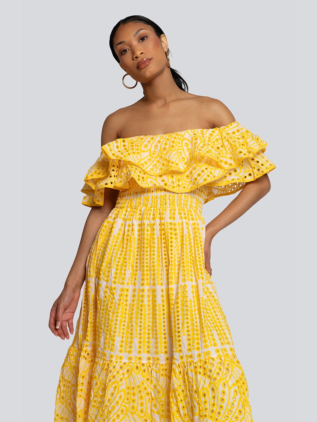 Sally Eyelet Off Shoulder Tiered Ruffle Maxi Dress - Glory Connection