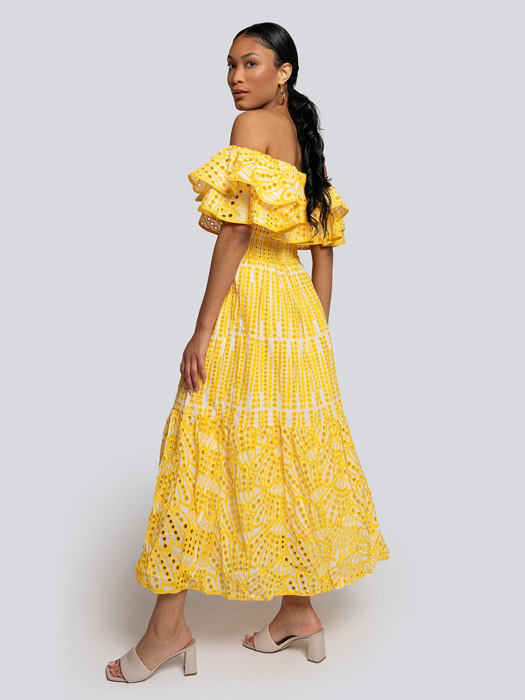 Sally Eyelet Off Shoulder Tiered Ruffle Maxi Dress - Glory Connection