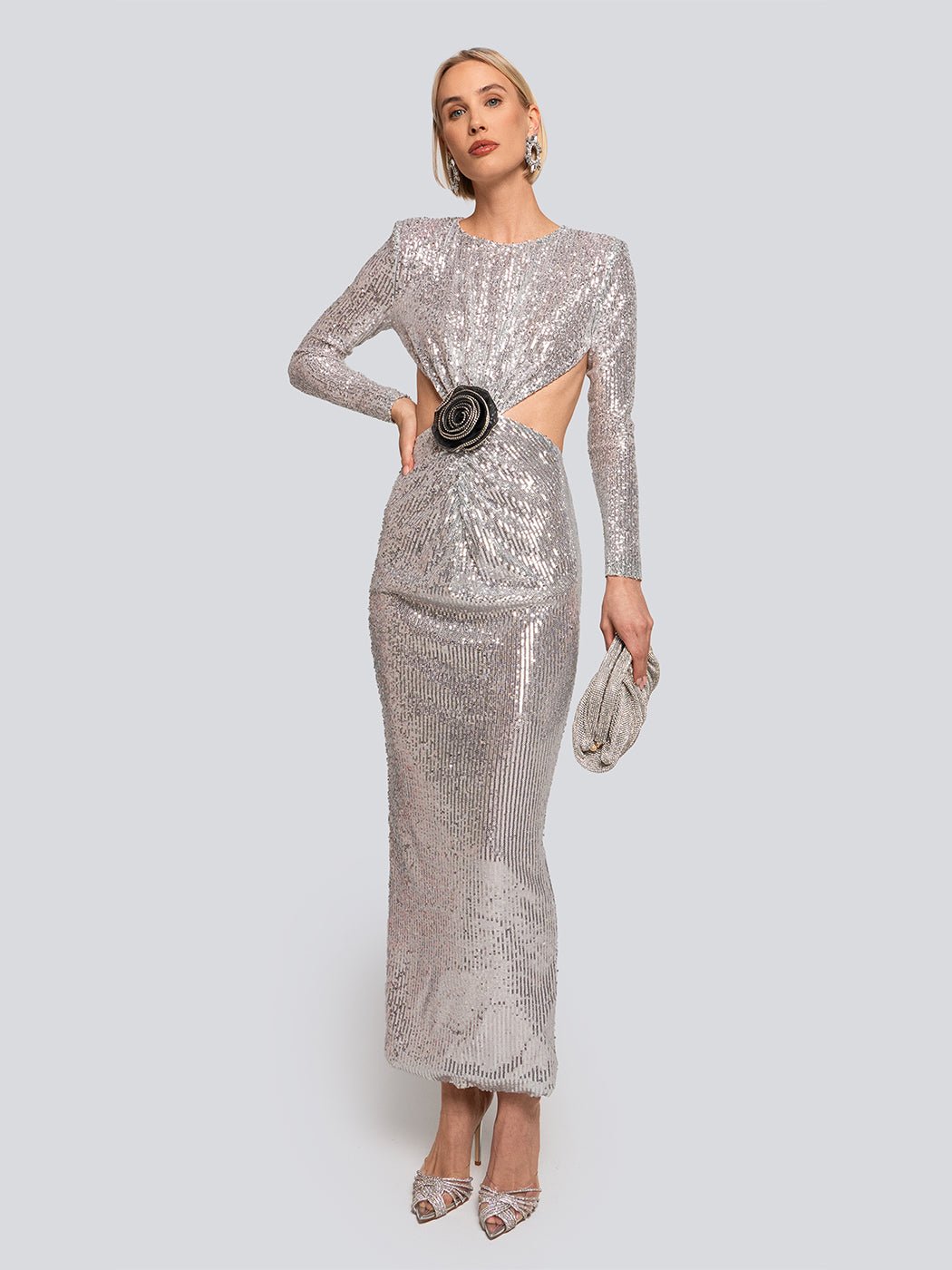 Savannah Sequin Cut Out Floral Accent Maxi Dress - Glory Connection