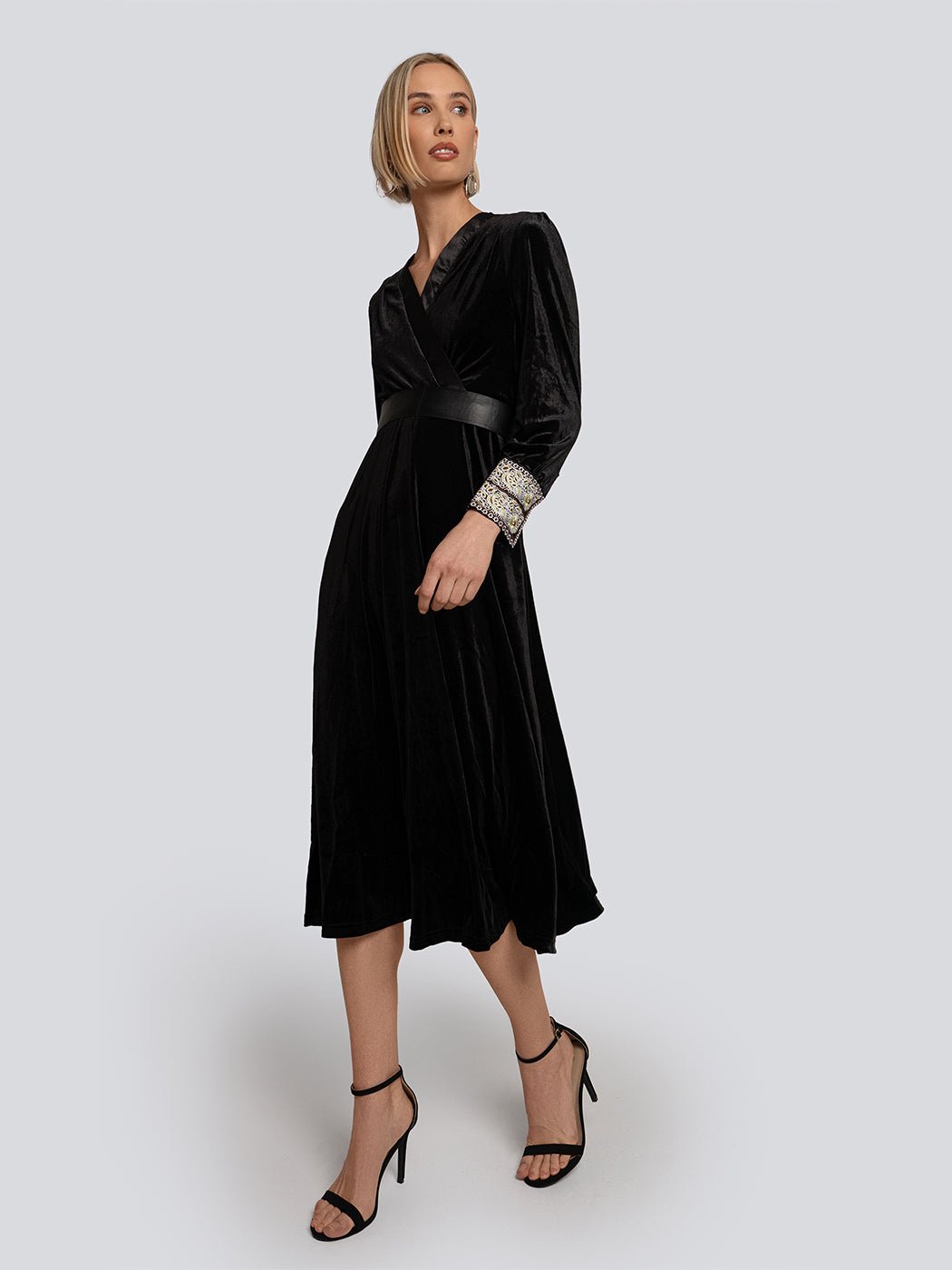 Sienna Embellished Cuff Velvet Wrap Midi Dress - Glory Connection
