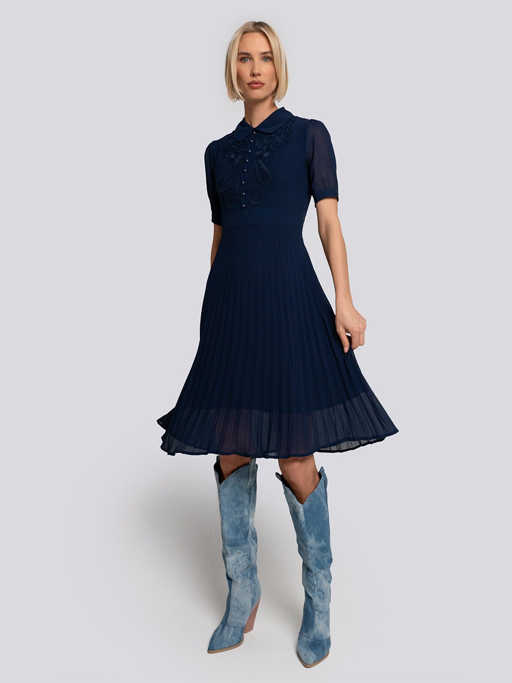 Sophia Pleated Lace Applique Midi Dress - Glory Connection