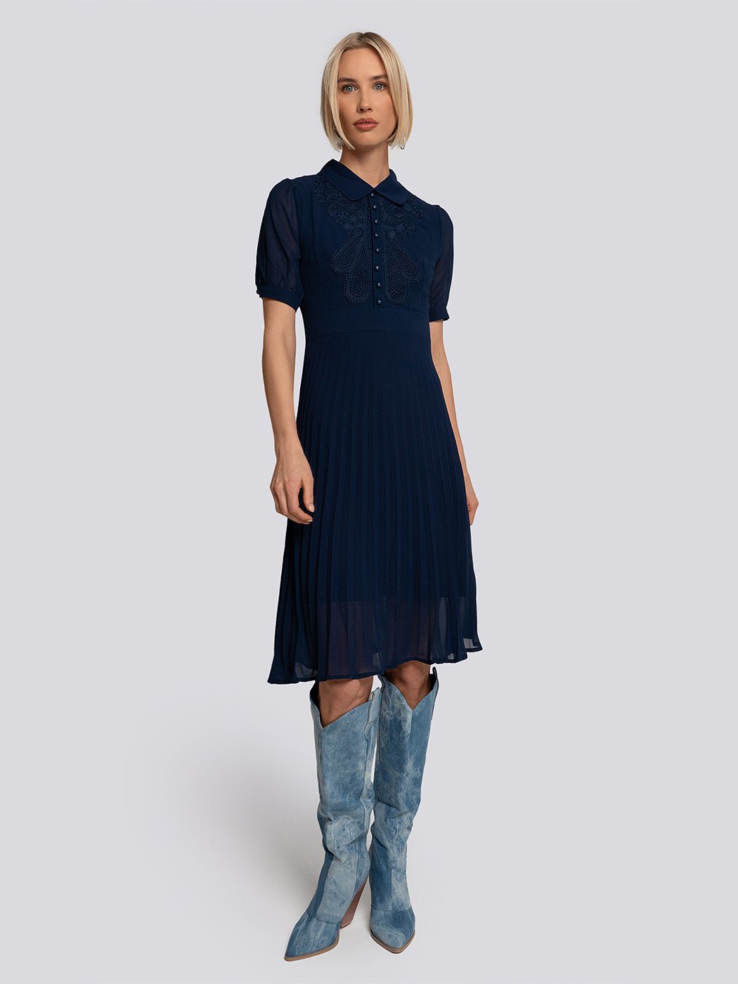 Sophia Pleated Lace Applique Midi Dress - Glory Connection