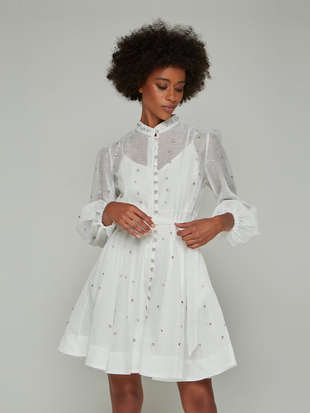 Sorelina Lantern Sleeve Rhinestone Mini Dress - Glory Connection