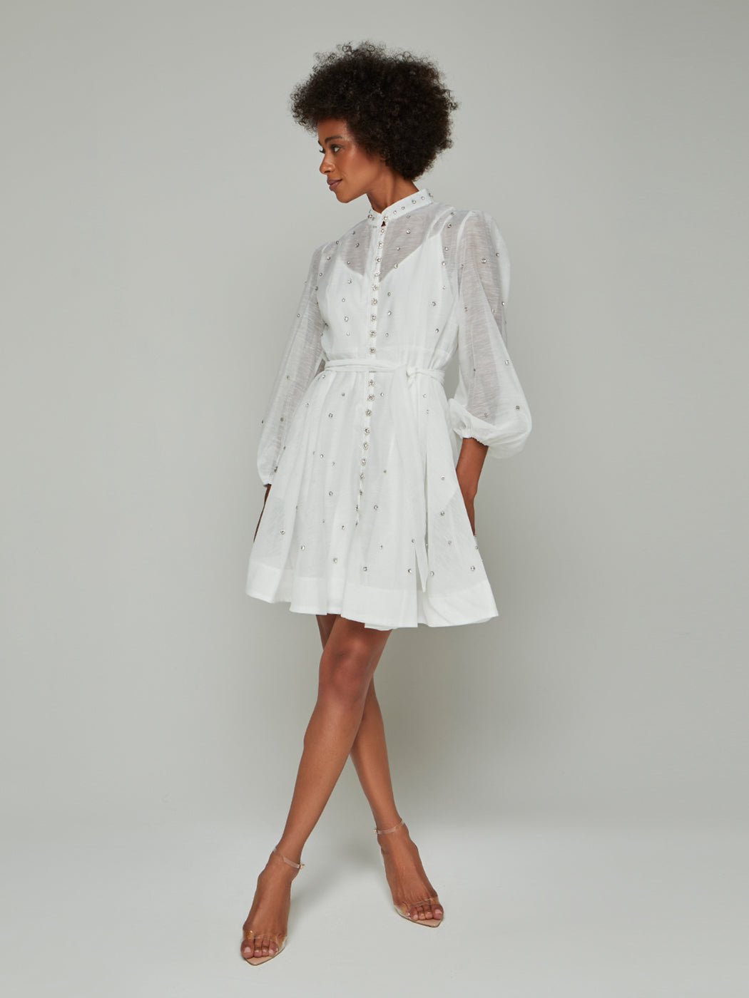 Sorelina Lantern Sleeve Rhinestone Mini Dress - Glory Connection