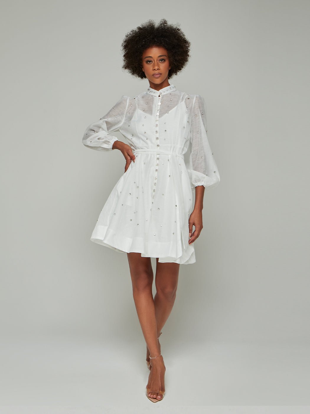 Sorelina Lantern Sleeve Rhinestone Mini Dress - Glory Connection