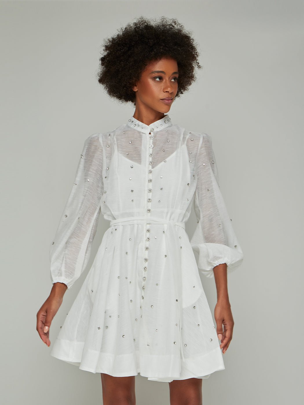 Sorelina Lantern Sleeve Rhinestone Mini Dress - Glory Connection