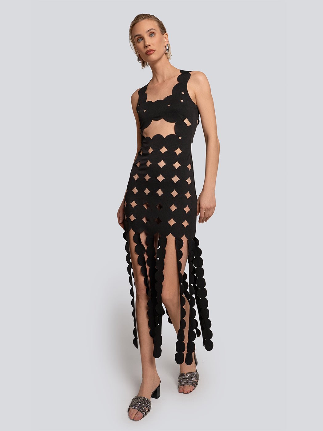 Summer Geometric Open Cut Fringe Hem Out Midi Dress - Glory Connection