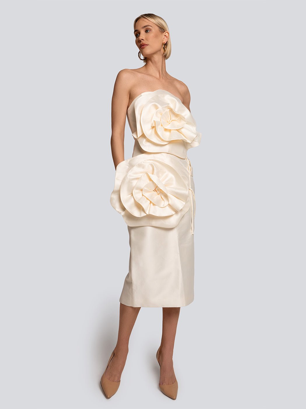 Whitney Strapless Satin Rosette Midi Dress - Glory Connection