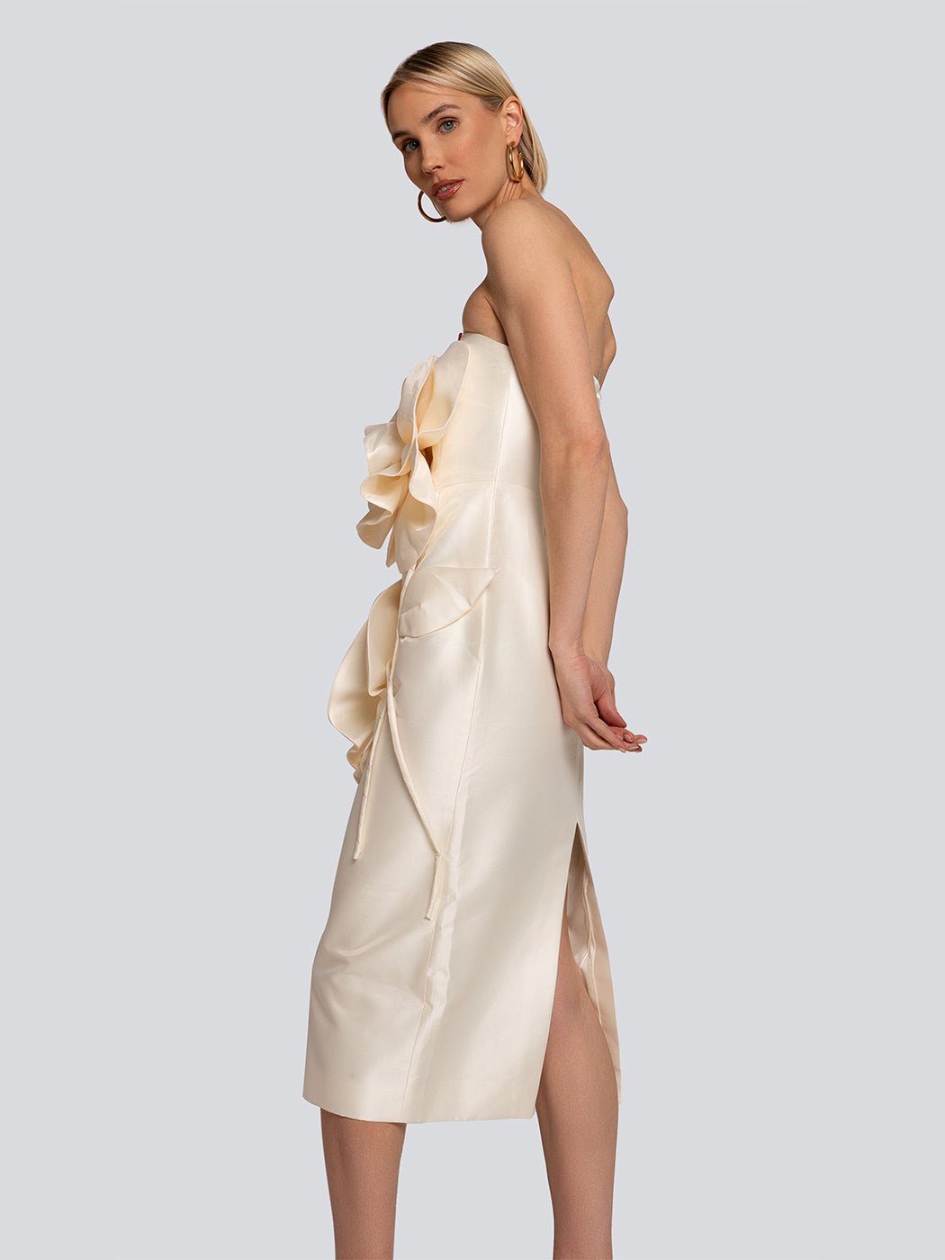 Whitney Strapless Satin Rosette Midi Dress - Glory Connection