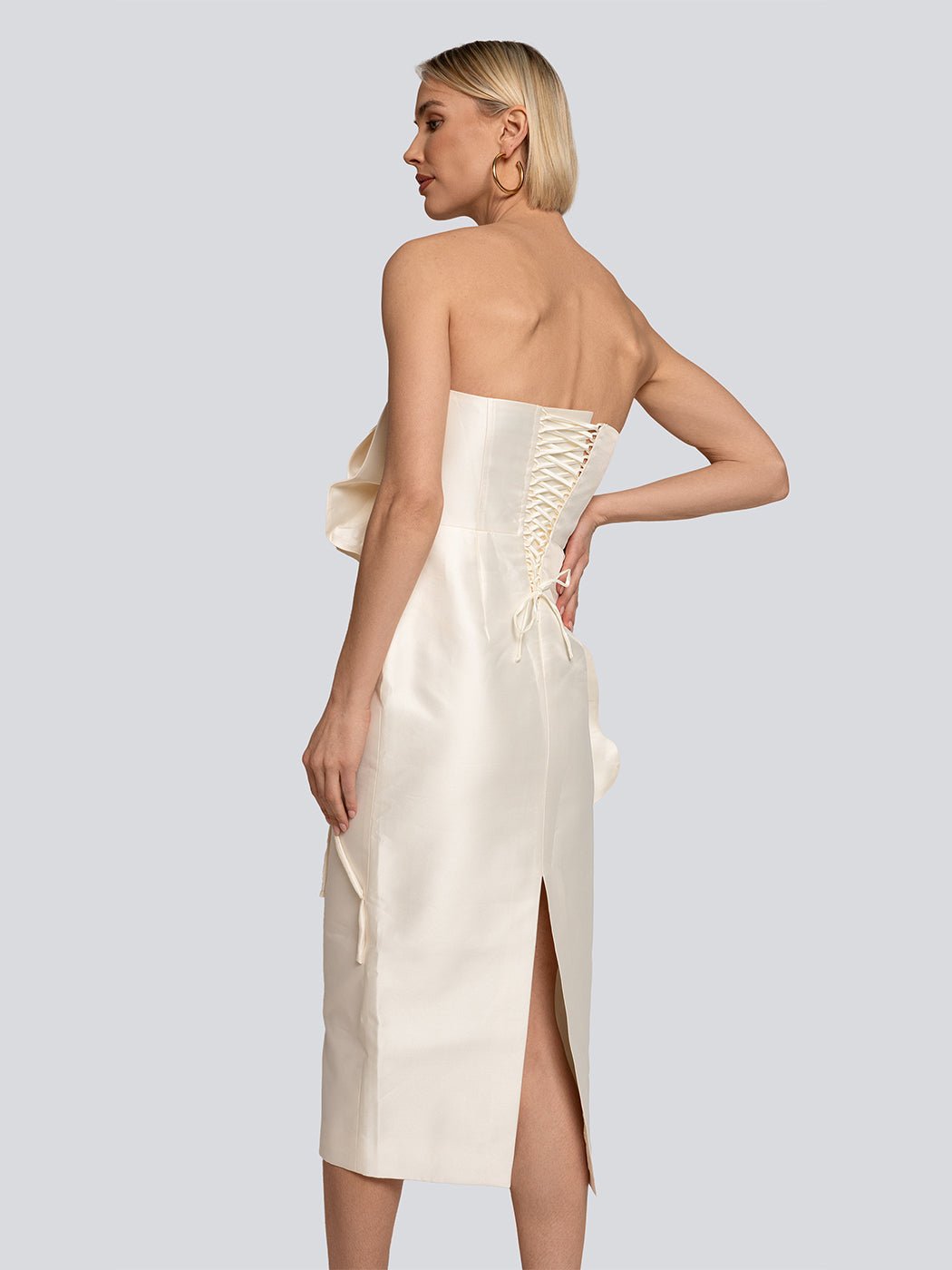 Whitney Strapless Satin Rosette Midi Dress - Glory Connection