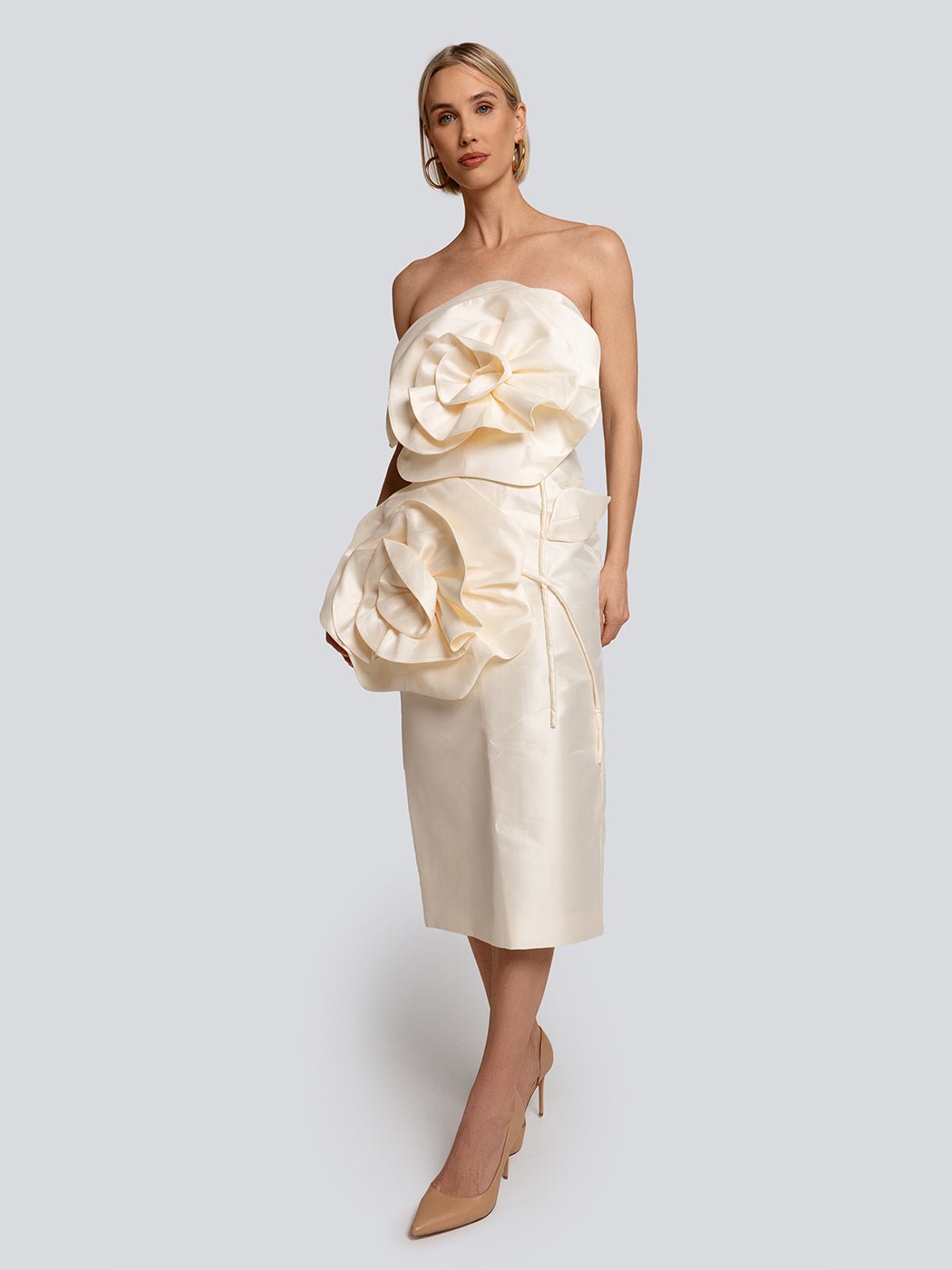 Whitney Strapless Satin Rosette Midi Dress - Glory Connection
