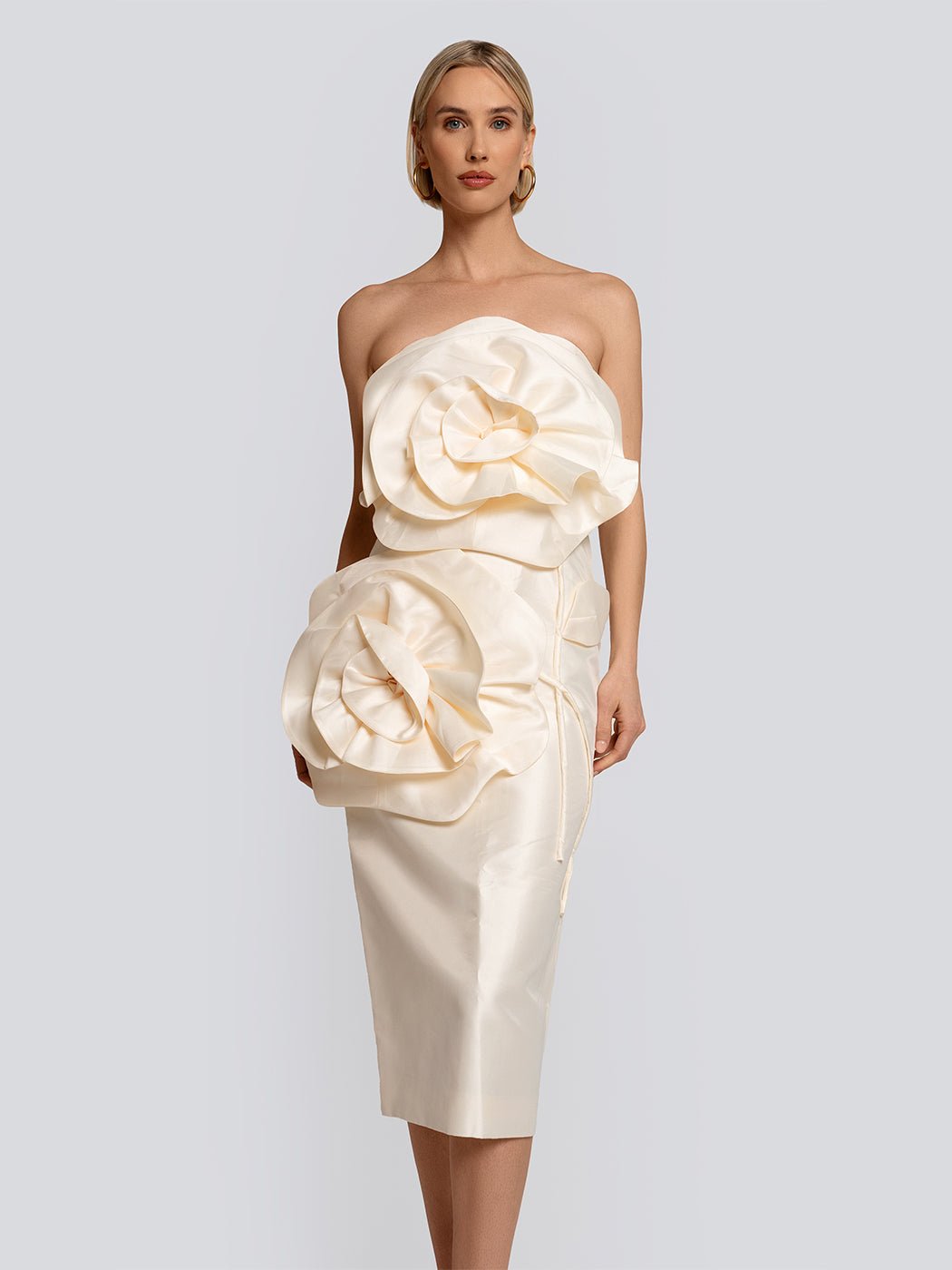 Whitney Strapless Satin Rosette Midi Dress - Glory Connection