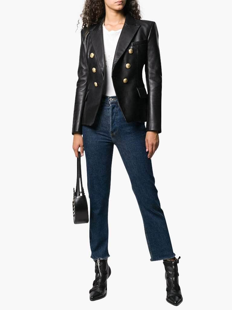 Double-Breasted Black Leather Blazer - Glory Connection