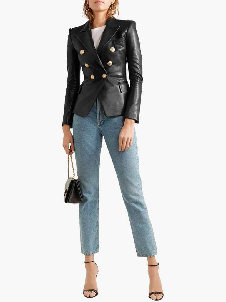 Double-Breasted Black Leather Blazer - Glory Connection