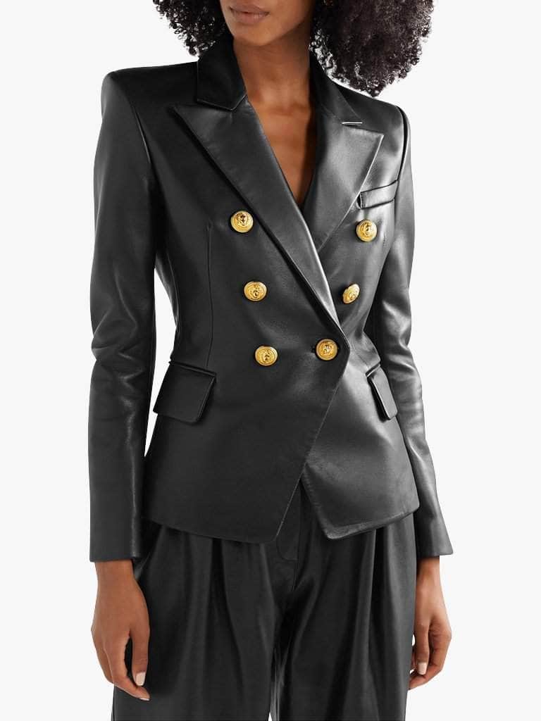 Double-Breasted Black Leather Blazer - Glory Connection