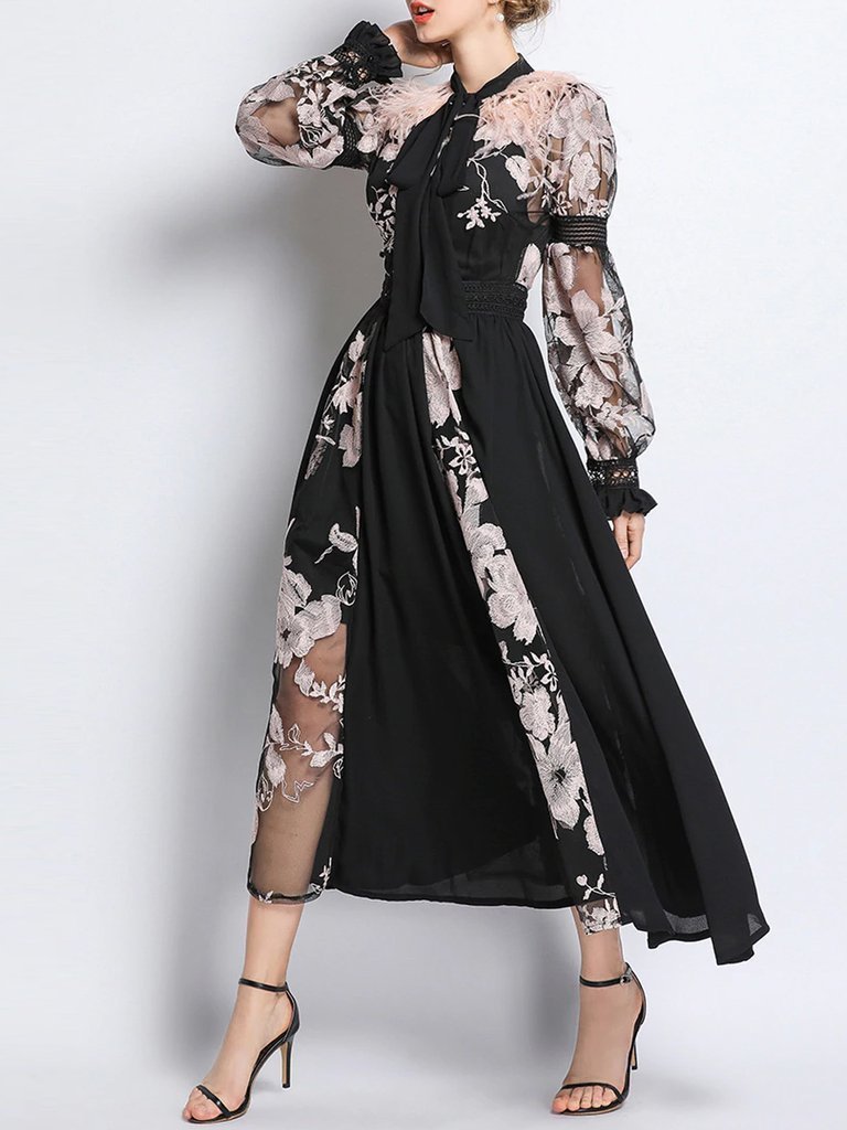 Hannah Feathers Embroidery Chiffon Maxi Dress - Glory Connection