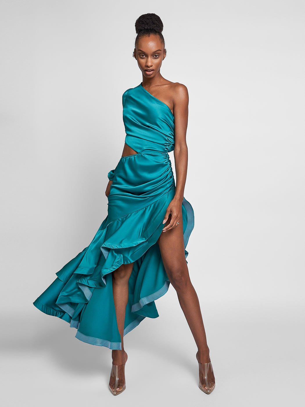 Mellie Cut-Out Ruffled Maxi Dress In Turquoise - Glory Connection