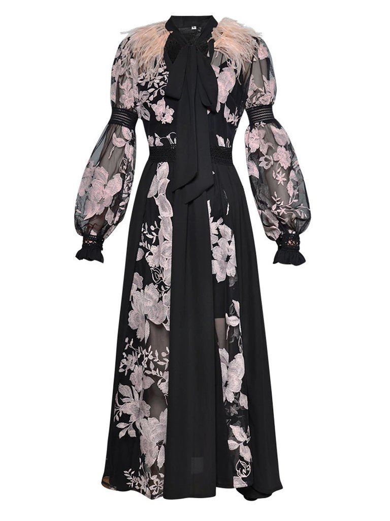Stormi Feathers Embroidery Chiffon Maxi Dress - Glory Connection