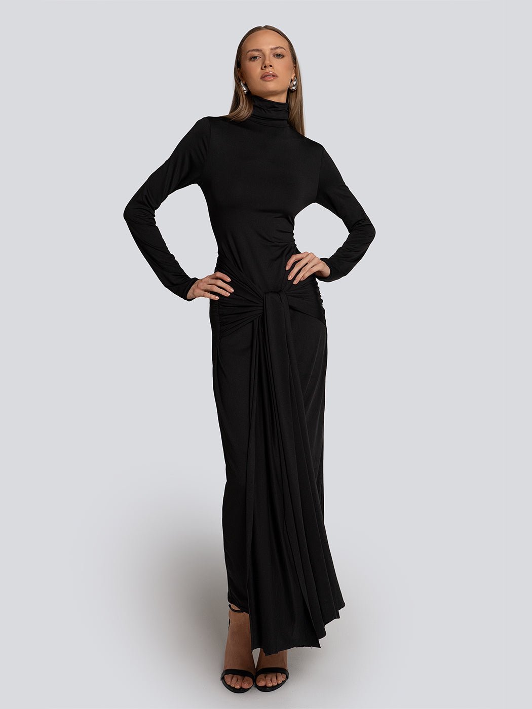 Abigail Gathered Long Sleeve Turtleneck Maxi Dress, XS / Black