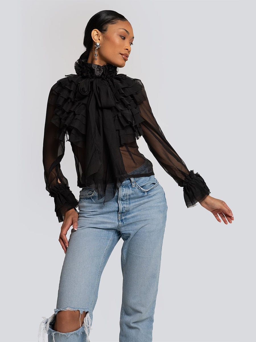 Addison Sheer Ruffle Cascade High Neck Blouse | Glory Connection
