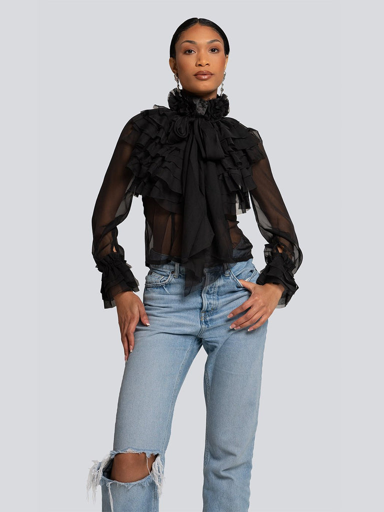 Addison Sheer Ruffle Cascade High Neck Blouse - Glory Connection