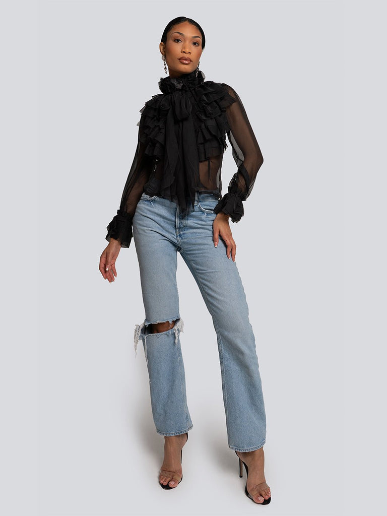 Addison Sheer Ruffle Cascade High Neck Blouse - Glory Connection