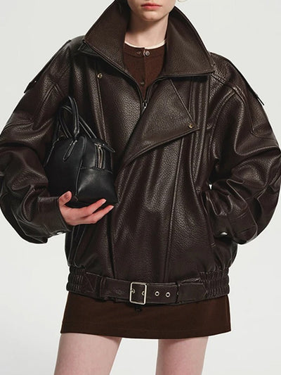 Adele Oversized Faux Brown Leather Jacket