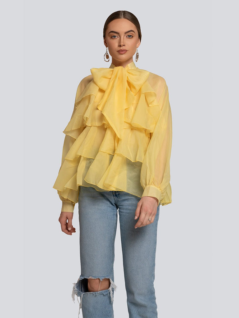 Alexa Ruffle Layered Bow Detail Sheer Blouse - Glory Connection