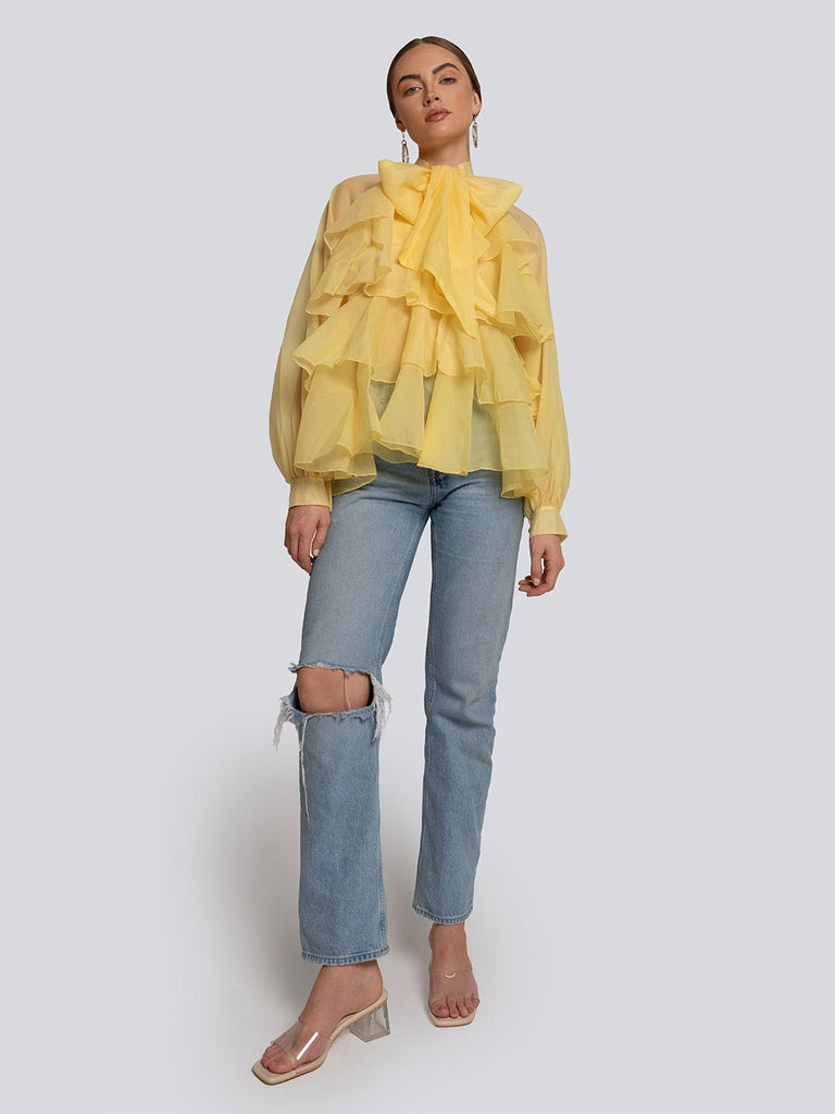 Alexa Ruffle Layered Bow Detail Sheer Blouse - Glory Connection