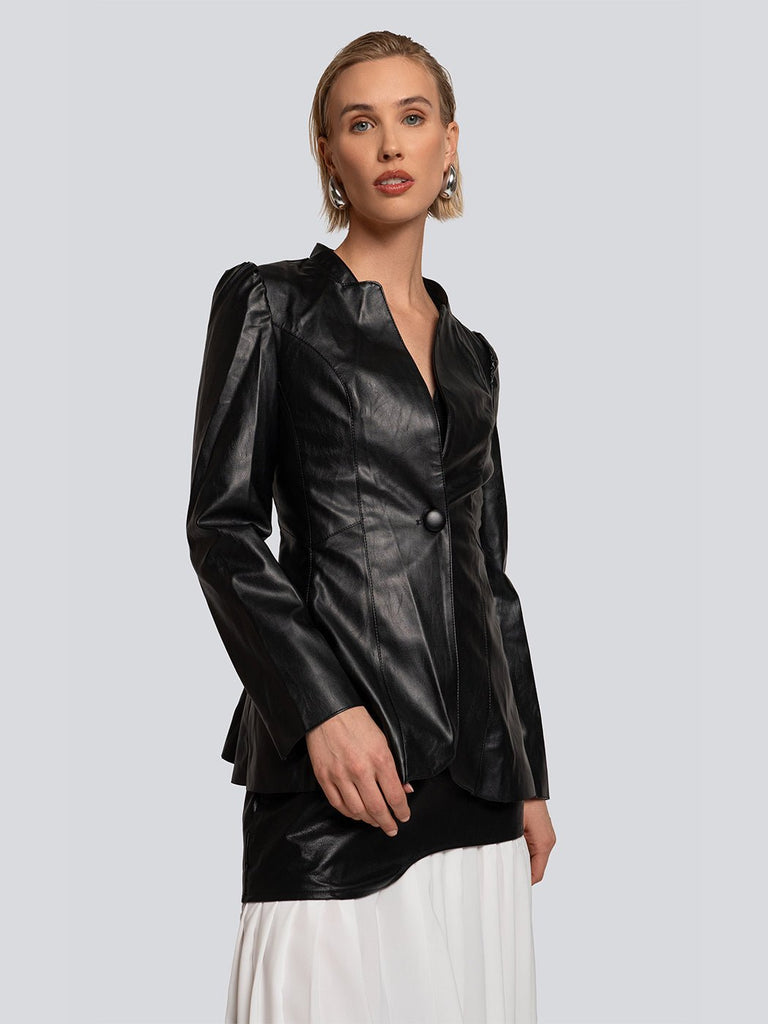 Amanda Buttoned Sculpted Silhouette Leather Blazer - Glory Connection