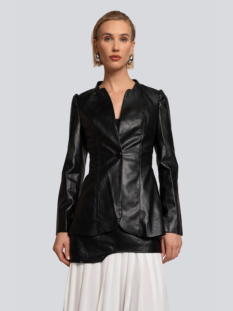 Amanda Buttoned Sculpted Silhouette Leather Blazer - Glory Connection