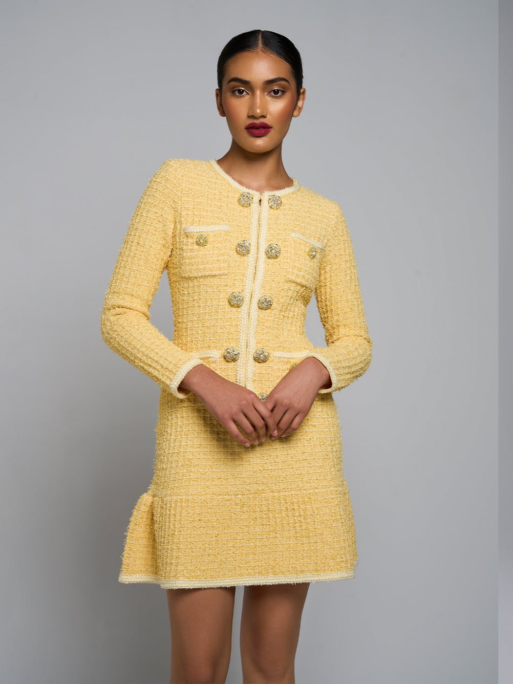 long sleeve yellow mini dress Amarana Long-Sleeve Dress, / L Metallic Gold 3D Floral Any size by order Color:Pattern3 TWIGS
