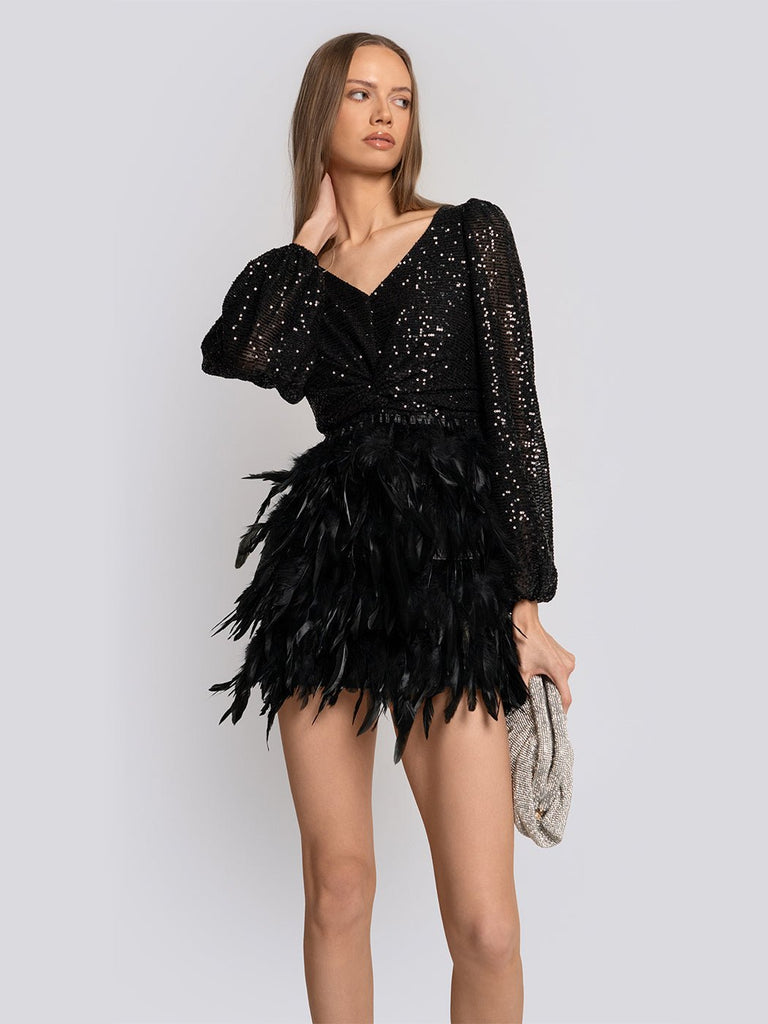 Amelia Sequin Feather Trim Long Sleeve Mini Dress - Glory Connection
