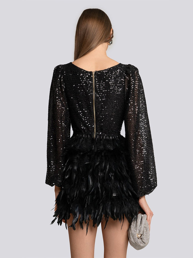 Amelia Sequin Feather Trim Long Sleeve Mini Dress - Glory Connection