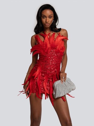 Aria Sequined Feather Embellished Mini Dress