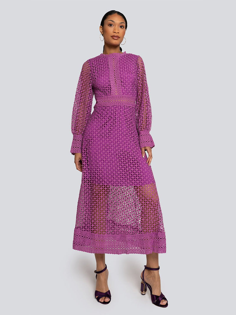 Ariana Long Sleeve Lace Overlay Midi Dress, XL / Purple