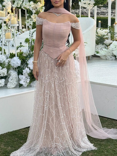 Ariana Off-Shoulder Beaded Evening Gown