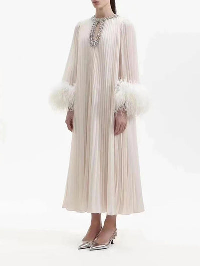 Ariel Diamond Pleated Feather Maxi Dress