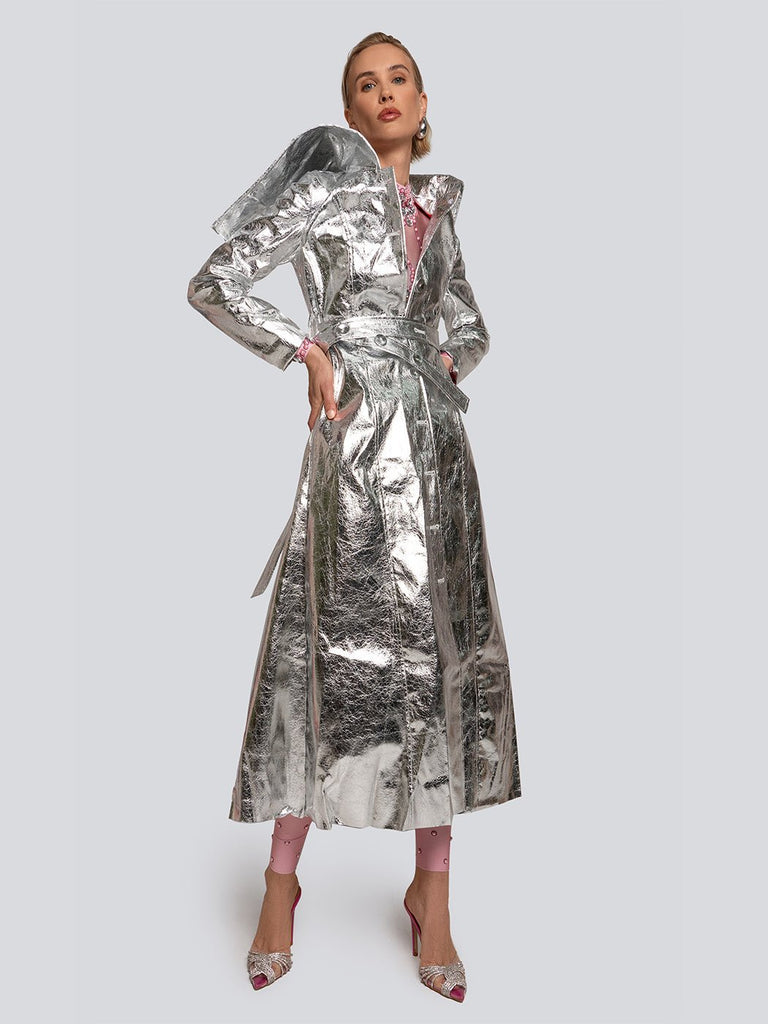 Ariel Metallic Sheen High Collar Belted Trench Coat - Glory Connection