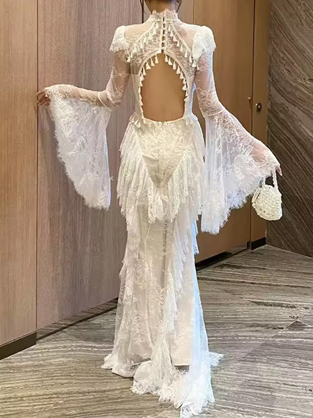 Arielle Backless Feather Gown, White / L